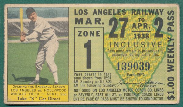 1938 Los Angeles Railway Ticket with PCL Player Advertisement