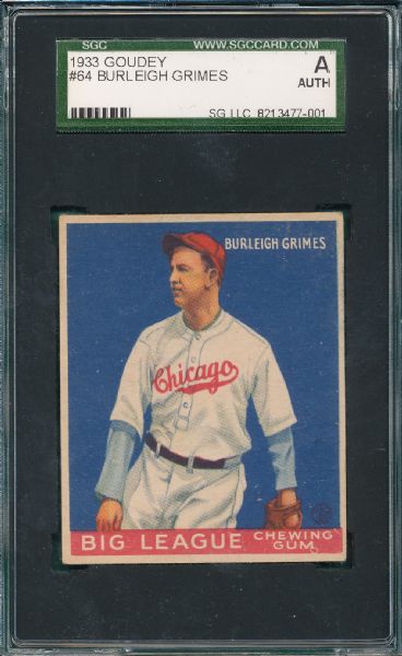 1933 Goudey #23 Cuyler & #64 Grimes (2) Card Lot SGC Authentic
