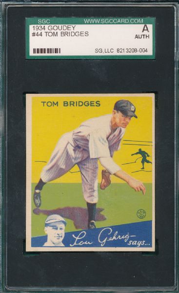 1934 Goudey #2 Cochrane, #21 Terry and #44 Bridges (3) Card Lot SGC Authentic