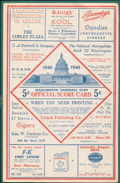 1923-40 New York Yankees, Giants & Senators Score Cards Lot of (3) 