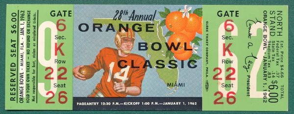 1962 Orange Bowl Full Unused Ticket