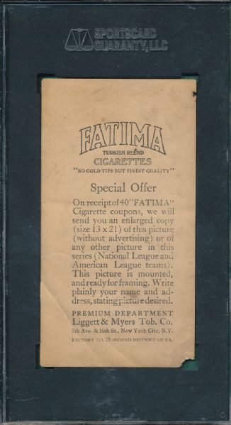 1913 T200 Philadelphia Americans Fatima Cigarettes SGC 10