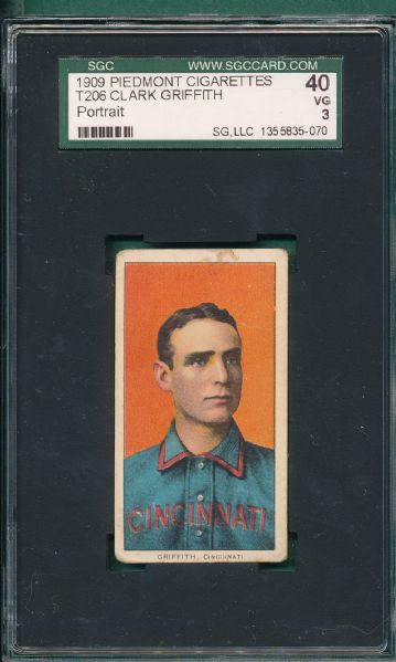 1909-1911 T206 Griffith, Portrait, Piedmont Cigarettes SGC 40