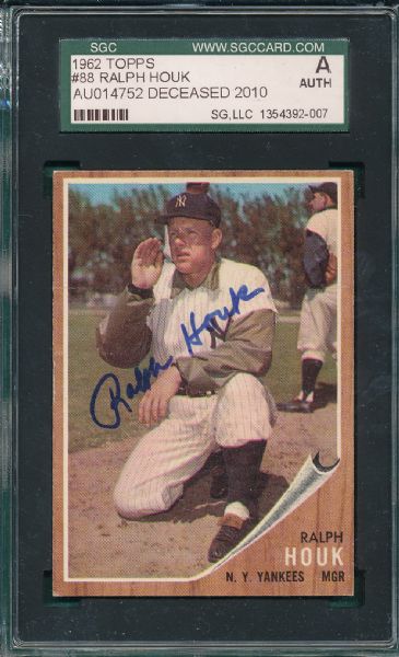 1962 Topps #88 Ralph Houk, Autographed, Certified SGC Authentic
