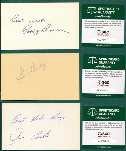 Lot of (6) Autographed Baseball Players, 3 X 5 Cards  SGC Authentic W/ Broglio