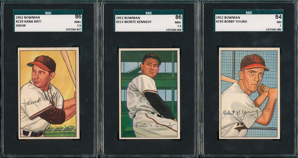 1952 Bowman #193, #213 & #229 (3) Card Lot SGC 84/86 *Hi #*