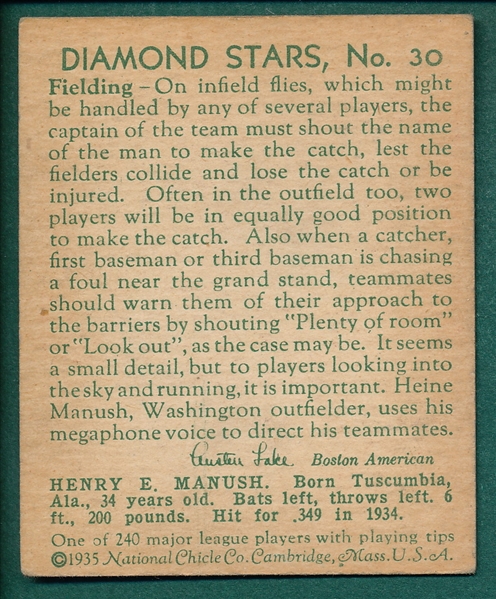 1934-36 Diamond Stars #30 Heinie Manush, W