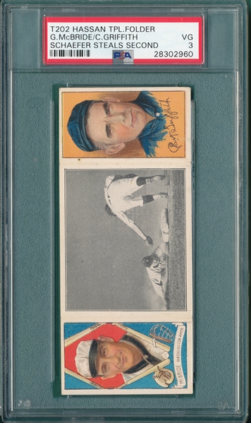 1912 T202 Schaefer Steals Second, McBride/Griffith, Hassan Cigarettes PSA 3