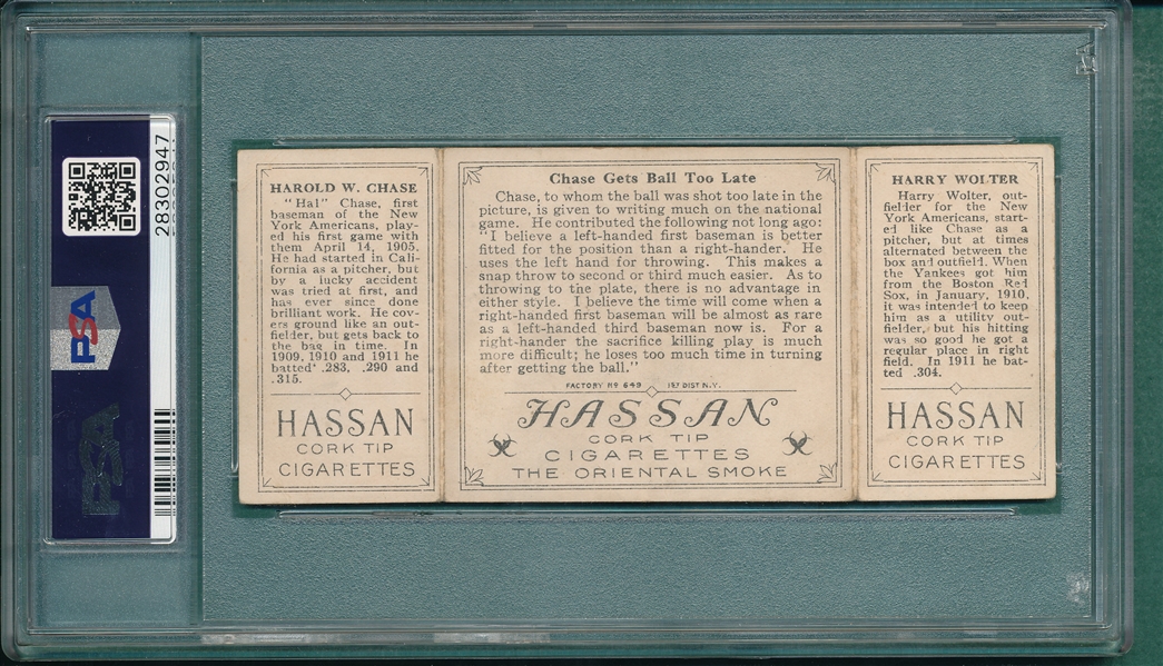 1912 T202 Chase Gets Ball To Late, Wolter/Chase, Hassan Cigarettes PSA 2