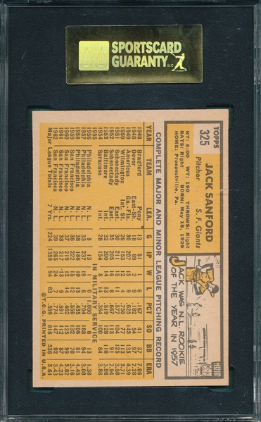 1963 Topps #325 Jack Sanford SGC 88 *None Graded Higher*