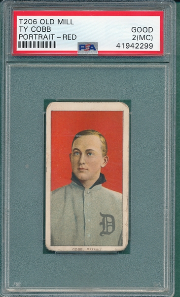 1909-1911 T206 Ty Cobb, Red Portrait, Old Mill Cigarettes PSA 2 (MC) *Name on Top & Bottom*