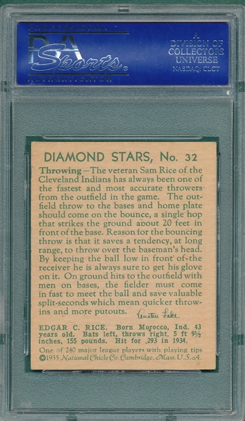 1934-36 Diamond Stars #32 Sam Rice PSA 5