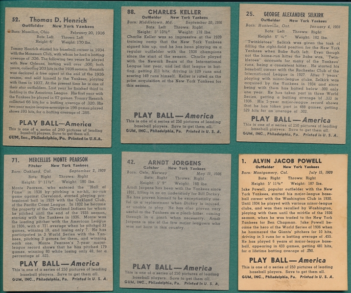 1939 Play Ball Lot of (6) Yankees W/ Henrich