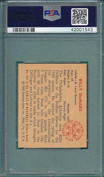 1950 Bowman #252 Billy DeMars PSA 8
