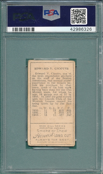 1911 T205 Cicotte Honest Long Cut PSA 2.5