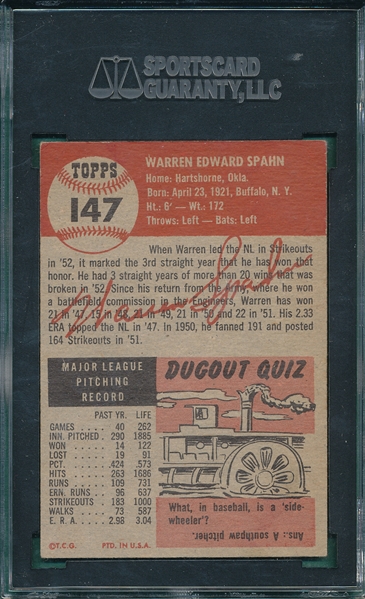 1953 Topps #147 Warren Spahn SGC 50
