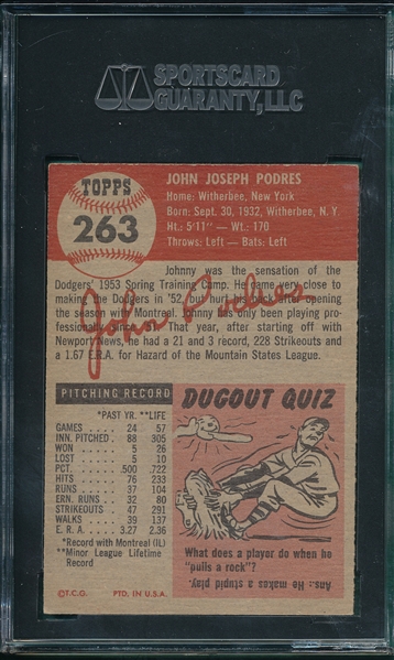 1953 Topps #263 John Podres SGC 60 *High #* *SP* *Rookie*