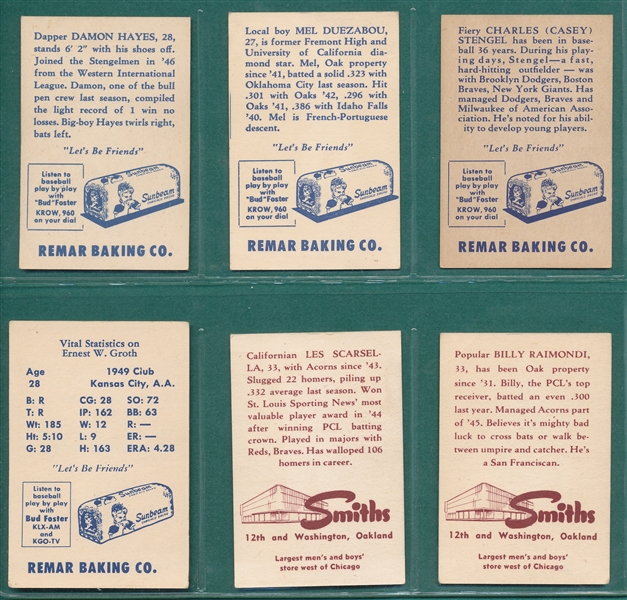 1947/50 Oakland Oaks Remar Baking & Smiths, Lot of (6) W/ Stengel