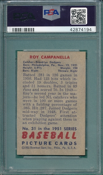 1951 Bowman #31 Roy Campanella PSA 6