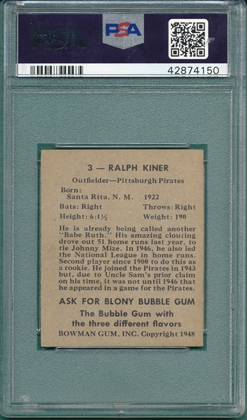 1948 Bowman #3 Ralph Kiner PSA 6 *Rookie*
