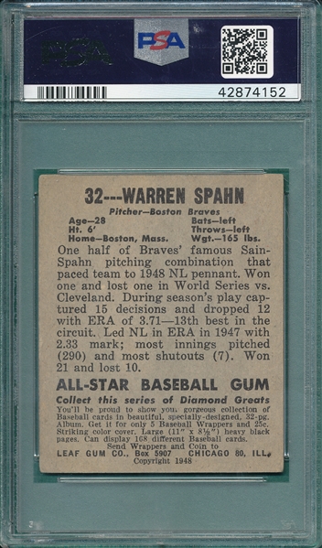 1948 Leaf #32 Warren Spahn PSA 4 *Rookie*