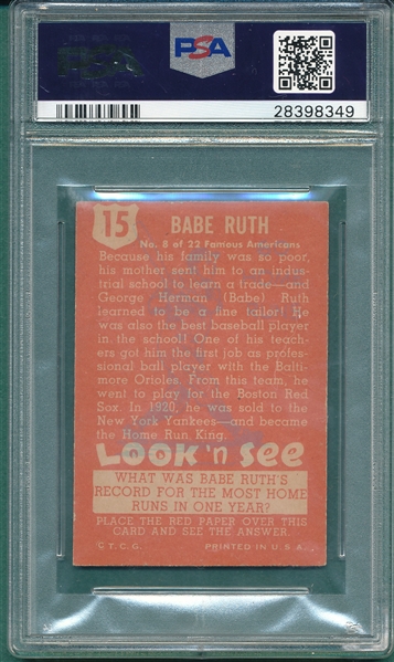 1952 Topps Look 'N See #15 Babe Ruth PSA 5