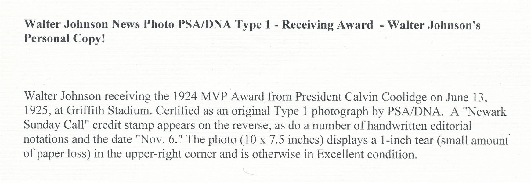 1925 c. Walter Johnson League Award Type I Photograph PSA/DNA *Walter Johnson Collection*