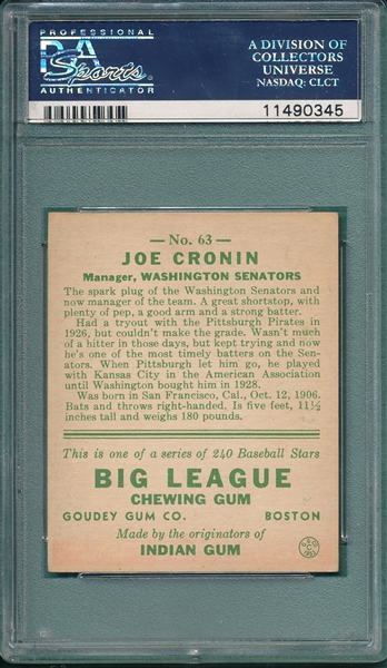 1933 Goudey #63 Joe Cronin PSA 7
