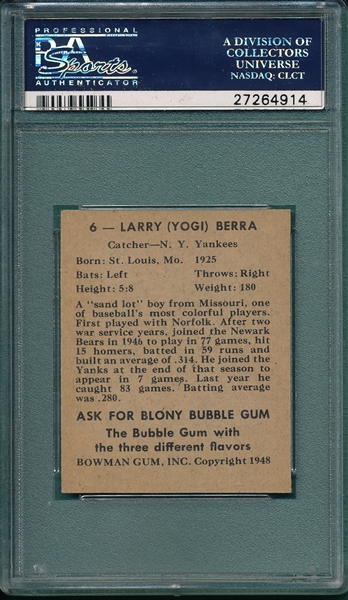 1948 Bowman #6 Yogi Berra PSA 6 *Rookie*