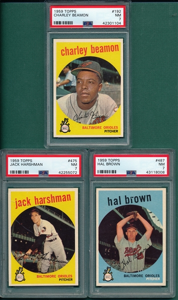 1959 Topps #192 Beamon, #475 Harshman & #487 Brown, Lot of (3), PSA 7