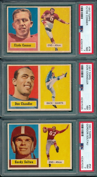 1957 Topps FB #23 Chandler, #54 Soltau & #78 Conner, Lot of (3), PSA 7
