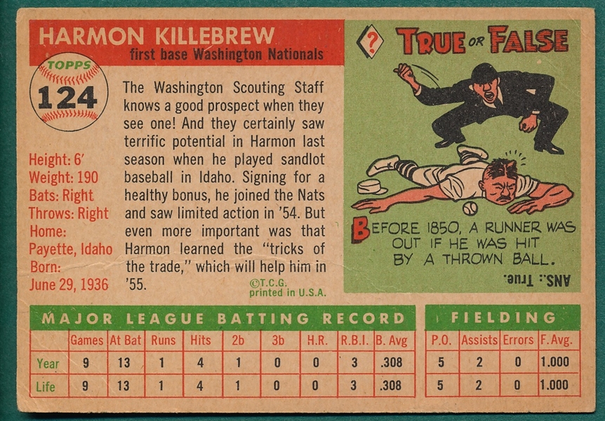 1955 Topps #124 Harmon Killebrew, Rookie