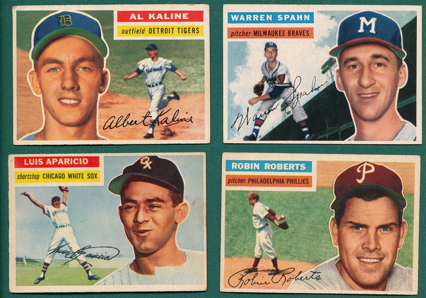 1956 Topps Lot of (4) HOFers Spahn, Roberts, Kaline & Aparicio, Rookie