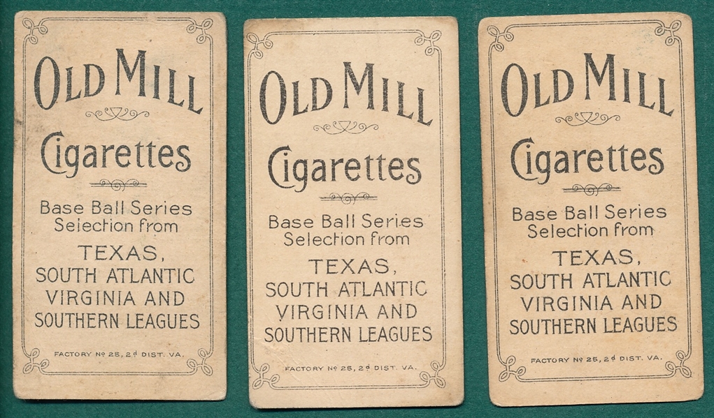 1909-1911 T206 Cranston, Helm & Manion, Old Mill Cigarettes, Lot of (3) *Southern League*