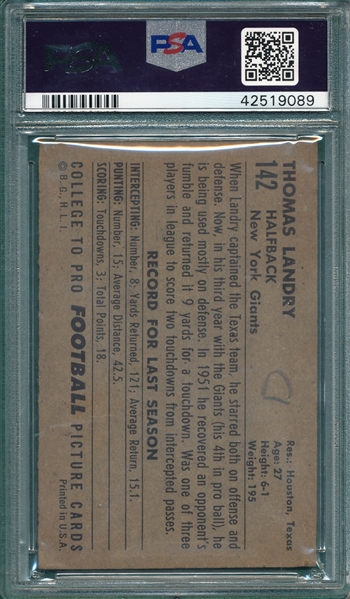 1952 Bowman Large FB #142 Tom Landry PSA 4 (MK) *Rookie*