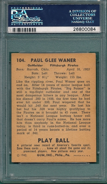 1940 Play Ball #104 Paul Waner PSA 5, *Hi #*