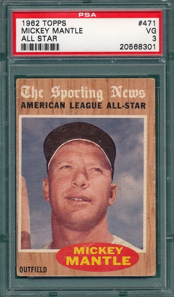 1962 Topps #471 Mickey Mantle, AS, PSA 3
