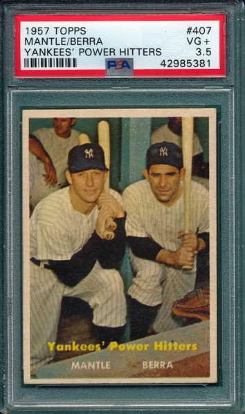 1957 Topps #407 Yankees Power Hitters W/ Berra & Mantle PSA 3.5 