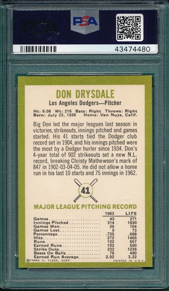 1963 Fleer #41 Don Drysdale PSA 8