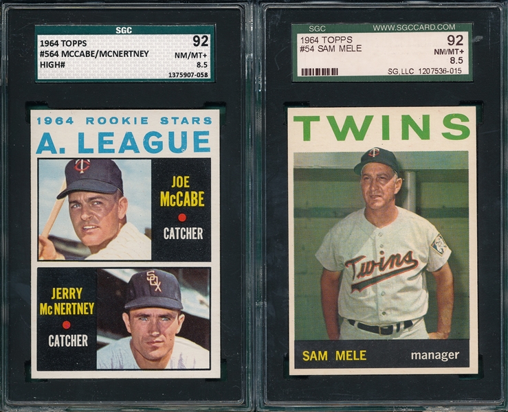 1964 Topps #54 Mele & #564 Twins Rookies, Hi #, Lot of (2) SGC 92