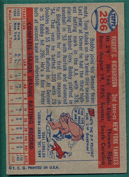 1957 Topps #286 Bobby Richardson *Rookie*