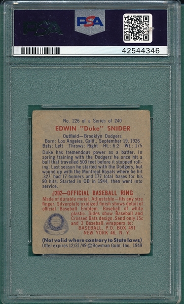 1949 Bowman #226 Edwin Duke Snider PSA 3 *Rookie* *Hi #*