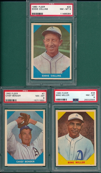 1960 Fleer Baseball Greats #7 Bender, #20 E. Collins & #39 Miller, Lot of (3) PSA 8