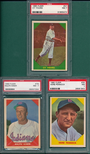 1960 Fleer Baseball Greats #35 Pennock, #79 Kiner & #47 Cy Young, Lot of (3) PSA 7