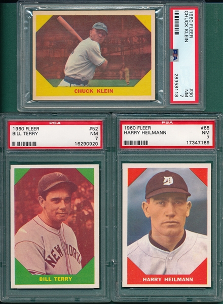 1960 Fleer Baseball Greats #30 Klein, #52 Terry & #65 Heilmann, Lot of (3) PSA 7