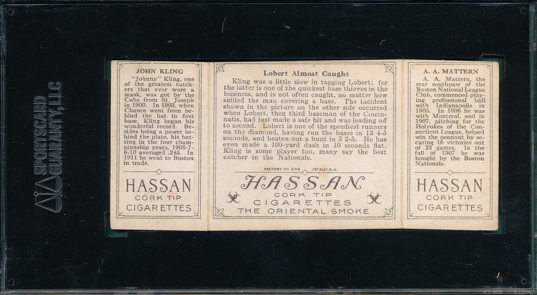 1912 T202 Lobert Almost Caught, Mattern/Kling, Hassan Cigarettes, SGC 40
