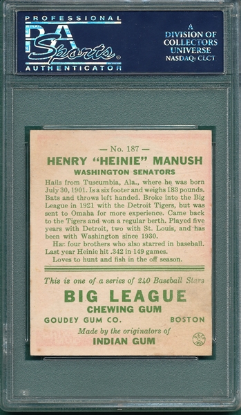 1933 Goudey #187 Heinie Manush PSA 7