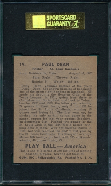 1939 Play Ball #19 Daffy Dean SGC 80