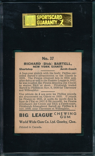 1936 V355 #37 Dick Bartell World Wide Gum SGC 30