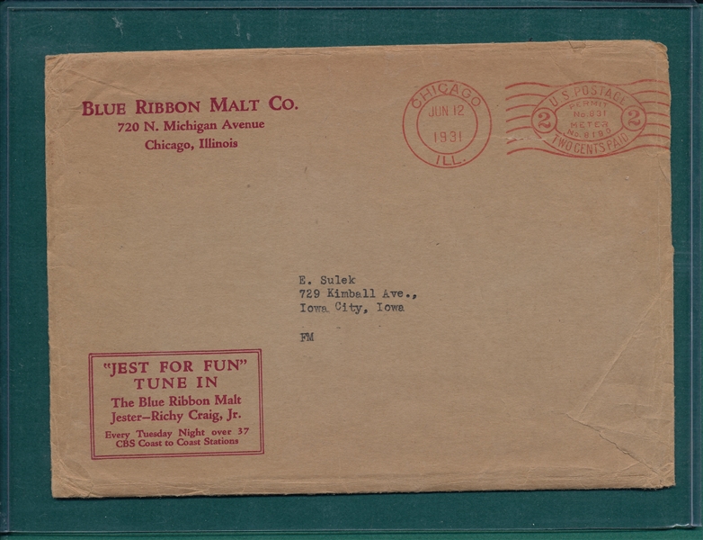 1931 Blue Ribbon Malt Premiums, No Matte, Kerr & Smith Lot of (2) W/ Envelope